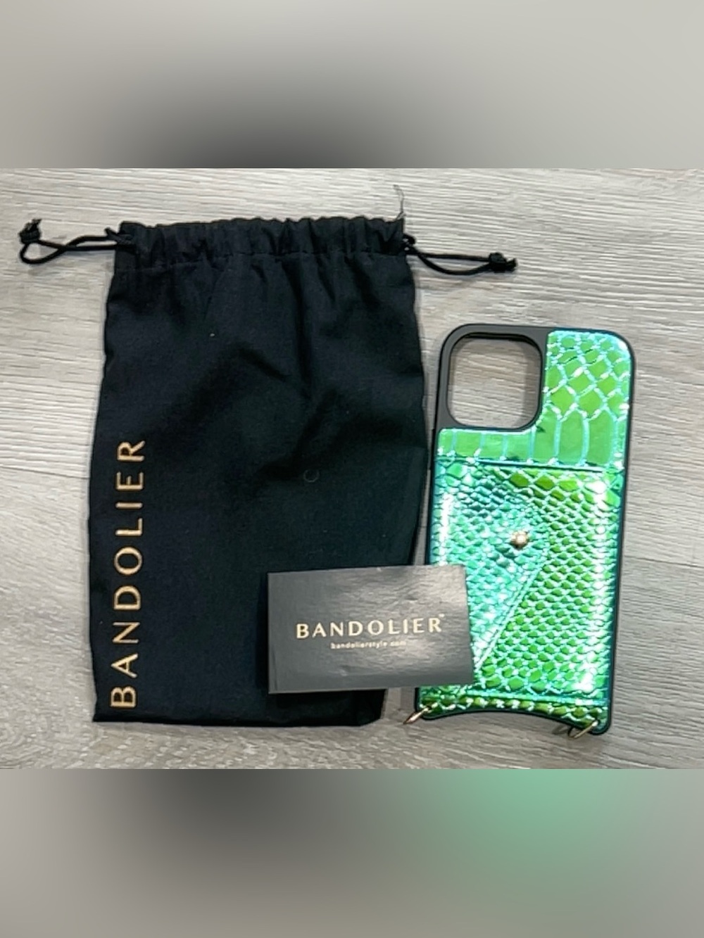 Bandolier Metallic Green Snake Embossed iPhone 13 Pro Case Dust Bag NWOT
